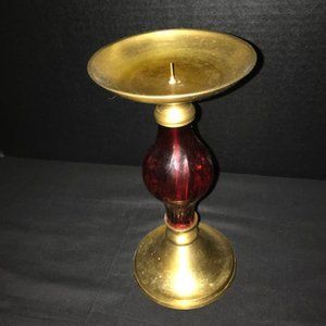 8.5 inch Antique Brass and Red Glass Candle Holder